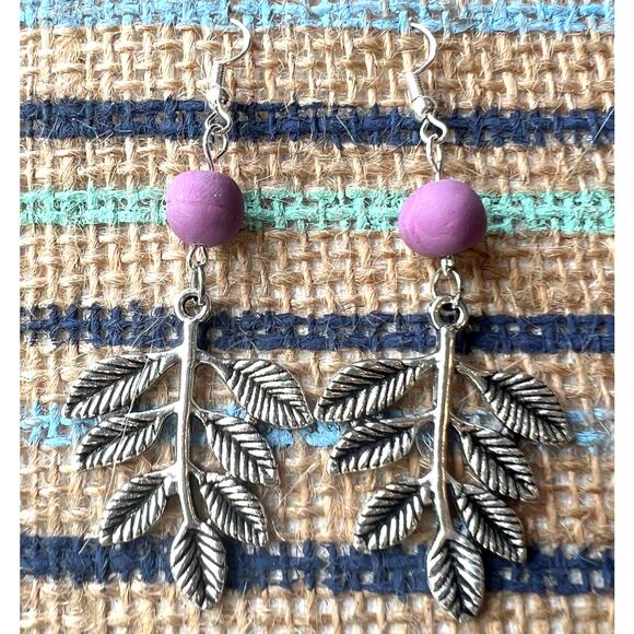 Artisan Silver Leaf Branch with Light Purple Bead Dangle Earrings 2.75" Drop - Picture 1 of 3